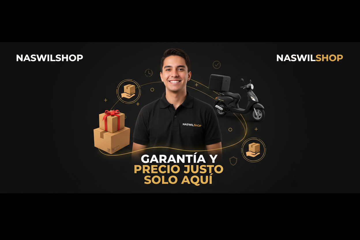 crea una imagen en español para mi tienda de ecomerce Naswilshop,con una persona sonriente con un uniforme de tienda y con un mensaje que diga garantia y precio justo solo aqui color  negro y agrega imagenes de cajas, motorisados, pago contra entrega, y decoralo con eso