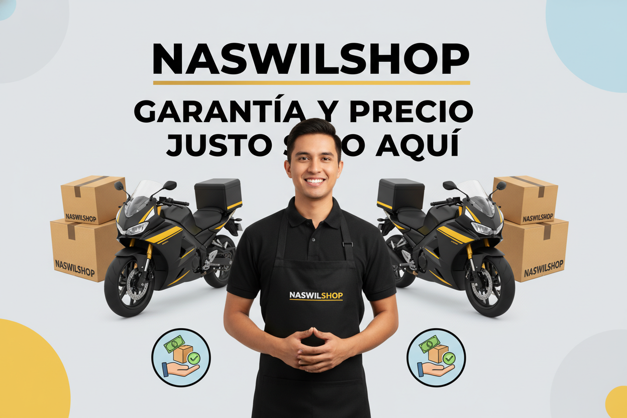 crea una imagen en español para mi tienda de ecomerce Naswilshop,con una persona sonriente con un uniforme de tienda y con un mensaje que diga garantia y precio justo solo aqui color  negro y agrega imagenes de cajas, motorisados, pago contra entrega, y decoralo con eso y el tamaño que sea para celular y centra mas la palabra naswilshop