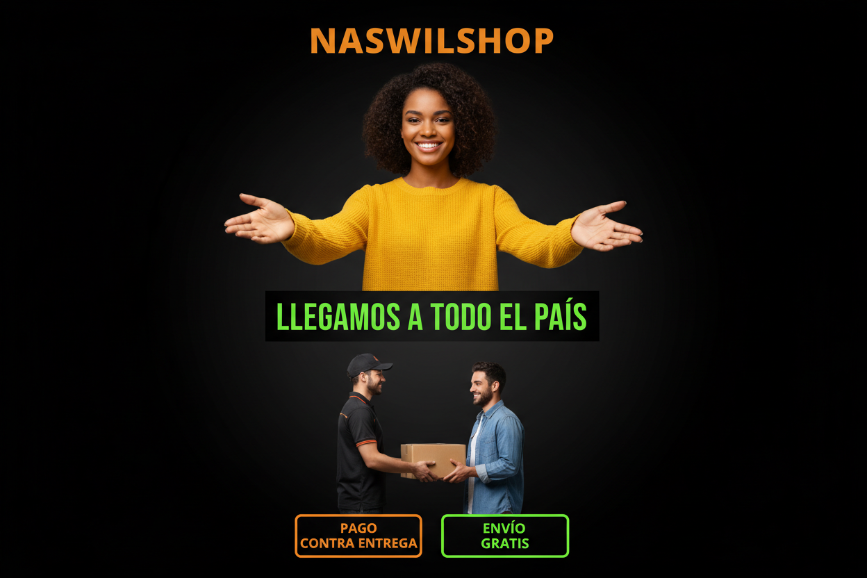 crea una portada para mi tienda ecomerce online, color negro, que sea llamativo para los clientes,de fondo una persona alegre dando la vienvenida y otra persona entregando un pedido al cliente, el mensaje que sea en naswilshop llegamos a todo el país, y pago contra entrega y envio gratis, que sea para ecomerce y tamaño es para ver desde el celular ajusta la imagen